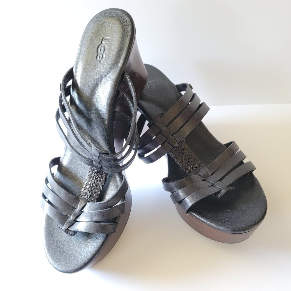 UGG Mattie Black Leather Wedge Sandal Slide On Size 8